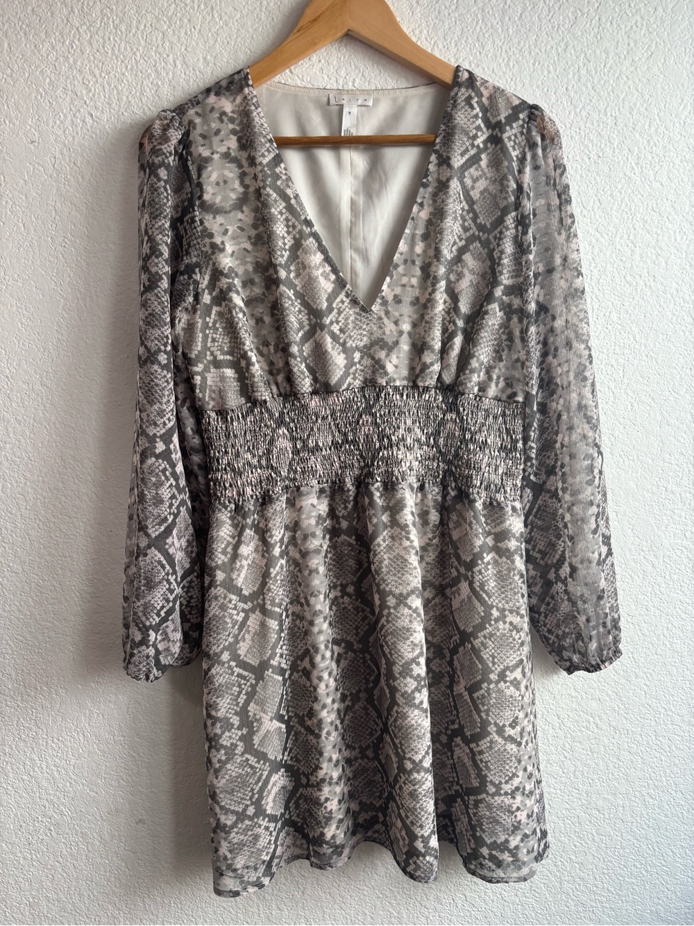 V-Neck Smocked Waist Snake Print Mini Dress - Gray